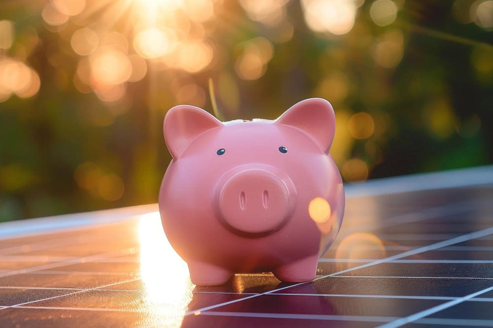 ein rosa Sparschwein sitzt auf dem PV-Dach